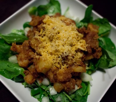 Chorizo Potato Smash Over Spinach Salad