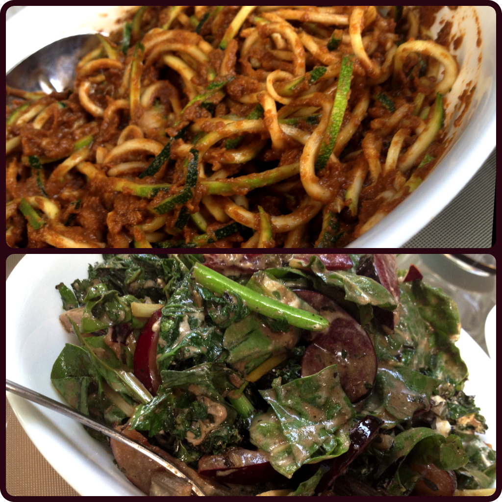 Raw Zucchini Pasta with Sun-Dried Tomato Sauce and Grilled Kale & Swiss Chard with Ricotta and Plum Salad