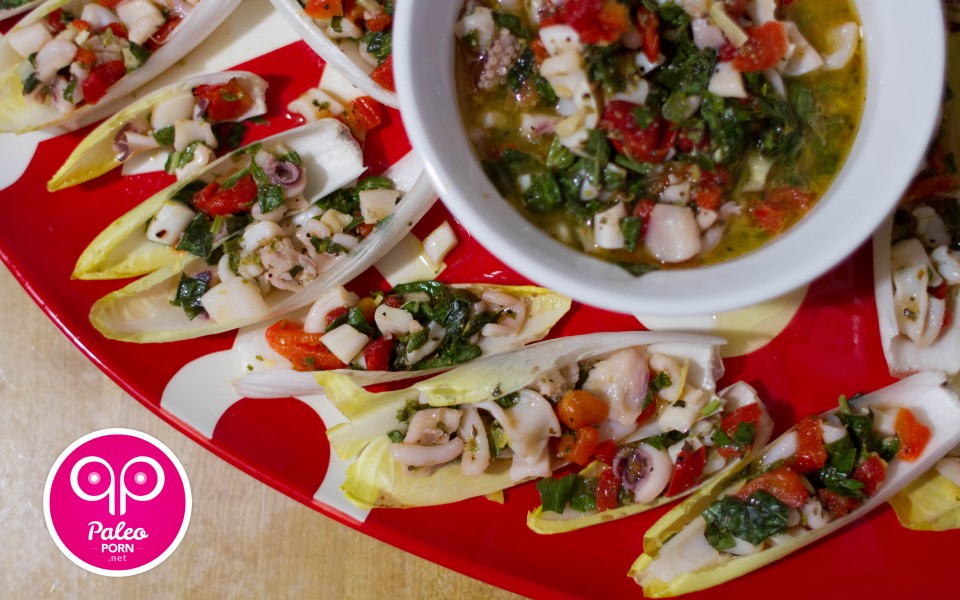 Paleo Recipe Belgian Endive Stuffed with Marinated Calamari