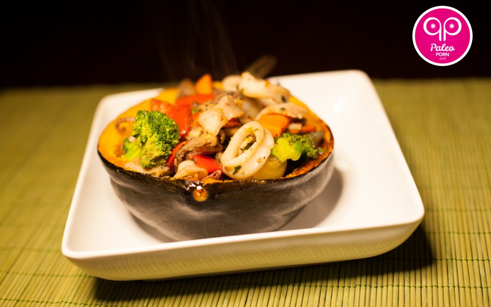 Squid Stir Fry Paleo Squash Bowl