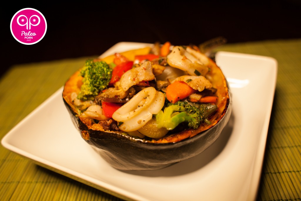 Squid Stir Fry Paleo Squash Bowl