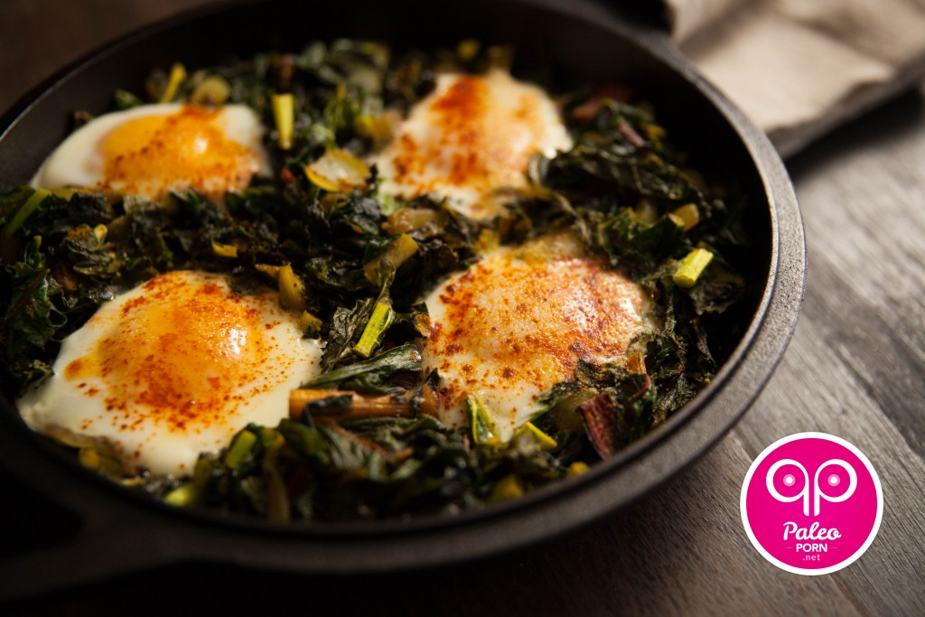 Paleo Breakfast Sautéed Greens and Nested Eggs