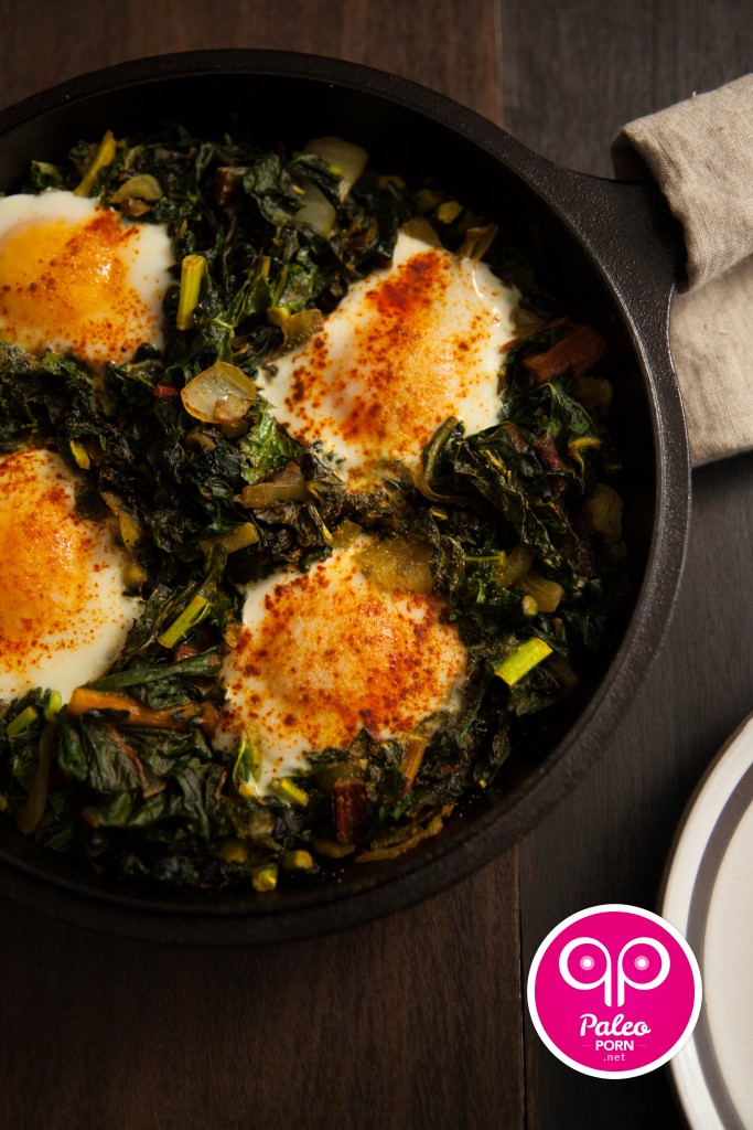Paleo Breakfast Sautéed Greens and Nested Eggs
