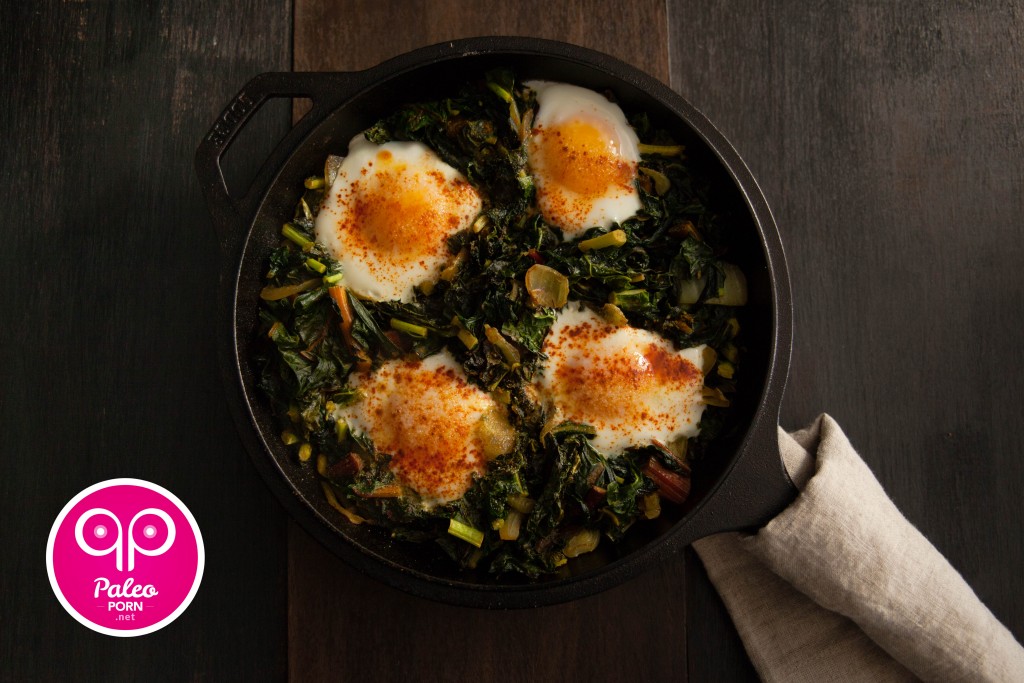 Paleo Breakfast Sautéed Greens and Nested Eggs