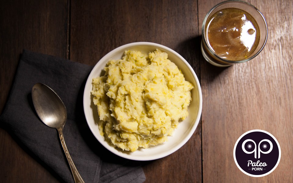 Paleo Recipe Bacon, Brussels and Parsnip Mash with Caramelized Onion Paleo Au Jus