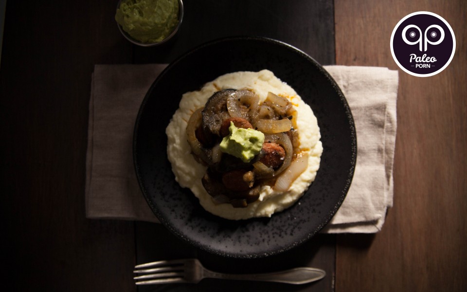 Paleo Recipe Paleo Eggplant Chorizo Stir Fry with Avocado Crema