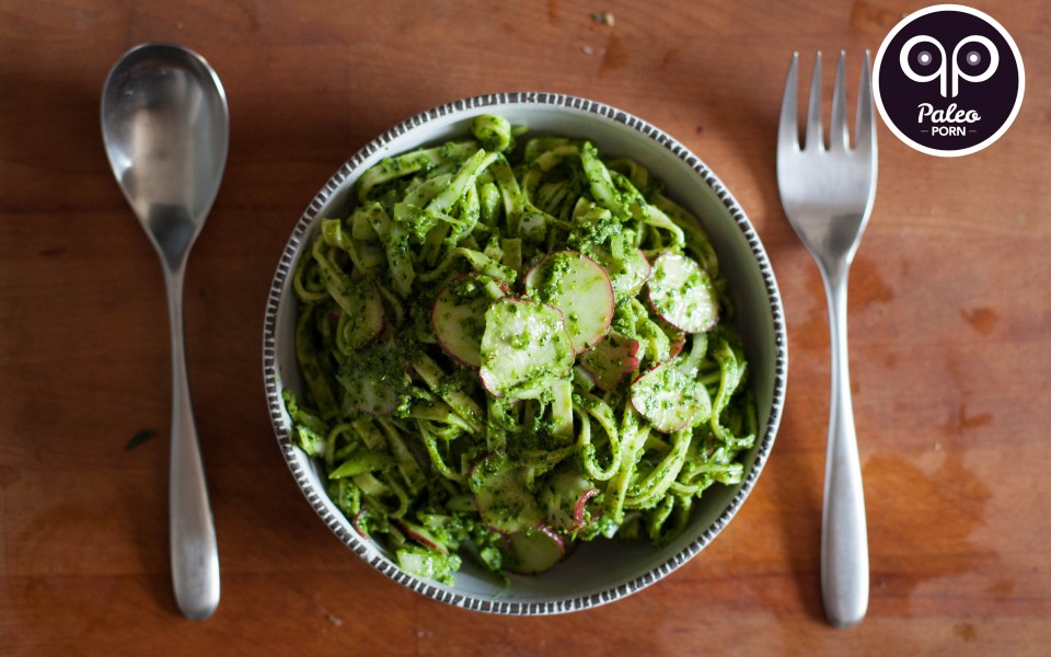Paleo Recipe Brazil Nut Pesto Fettuccine with Radish