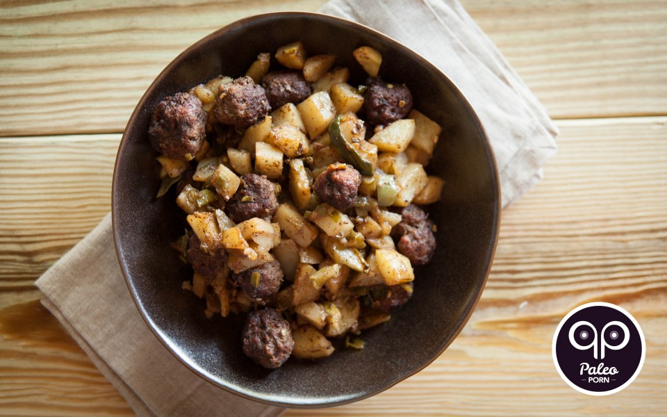 Paleo Recipe Potato and Patty Pan Squash Casserole with Meatballs